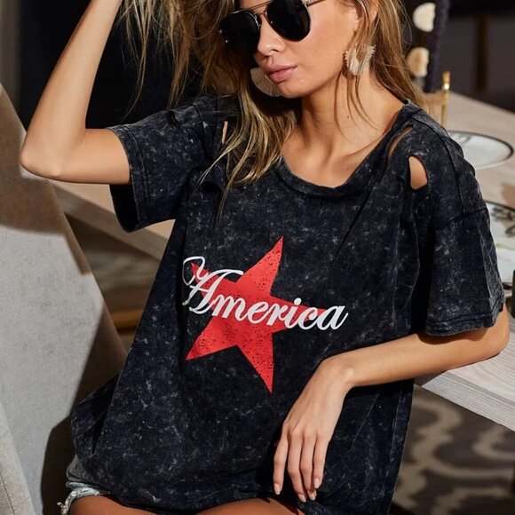 BiBi Laser Cut Mineral Washed Jersey Top with  America - Picture 1 of 11